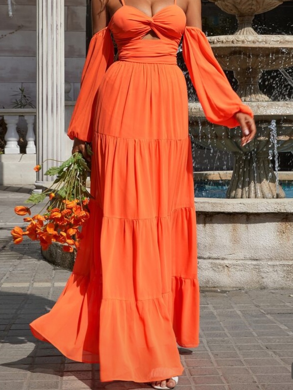 Orange Cutout Tiered Maxi Dress | Off Shoulder Long Sleeve | Flowy Boho Formal - Picture 4 of 6